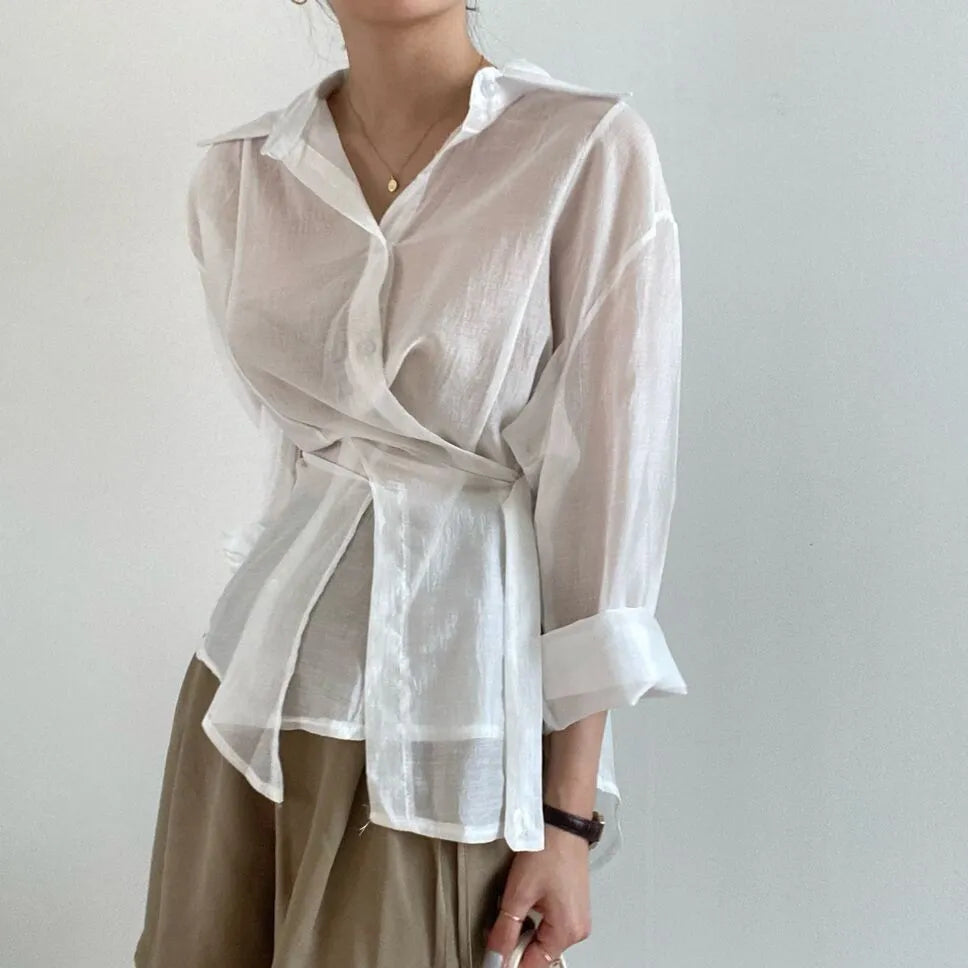 Irregular buckle lapel long sleeve shirt in smoky gray polyester fibre