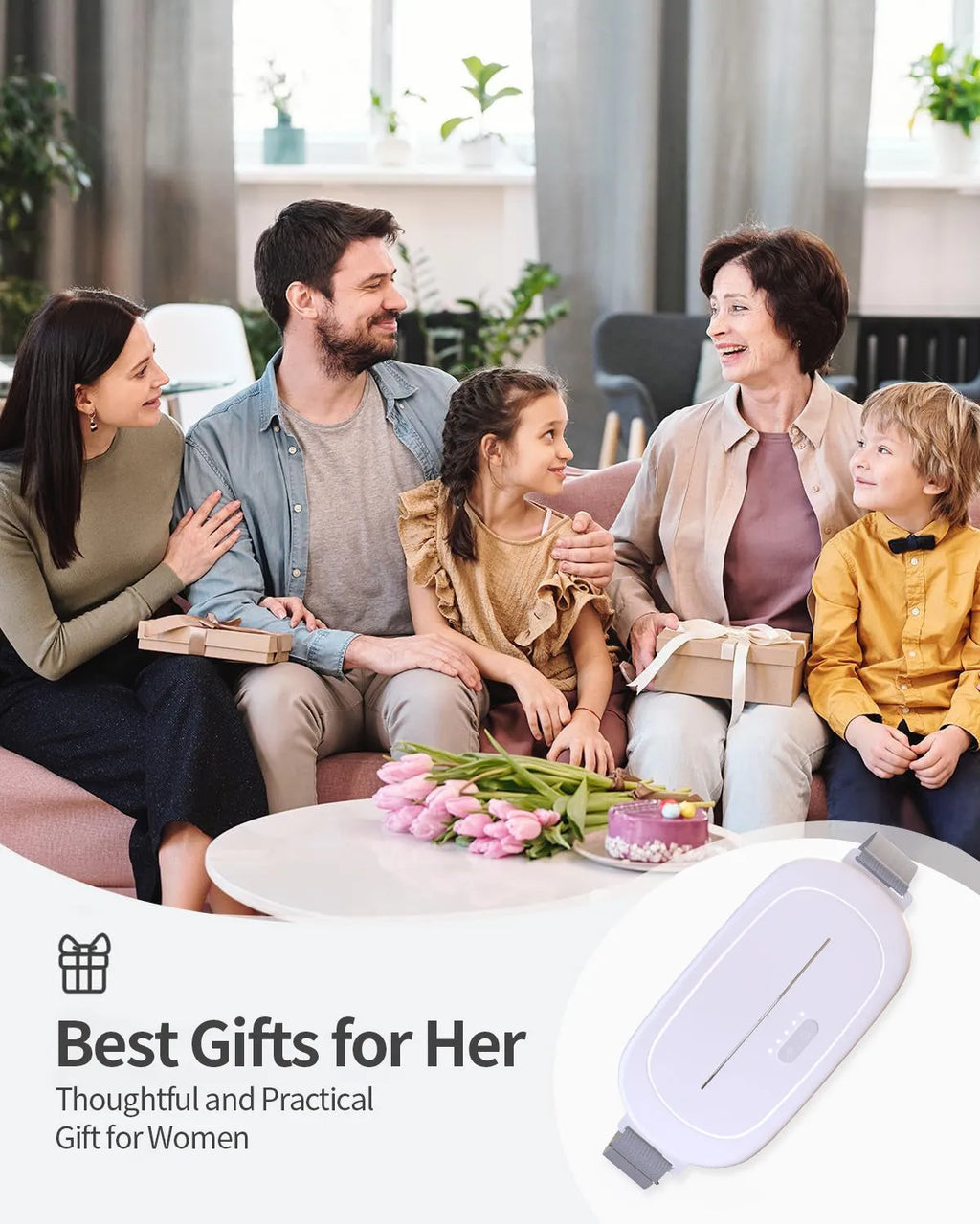 White cordless uterine warming device for menstrual pain relief on a grey background.