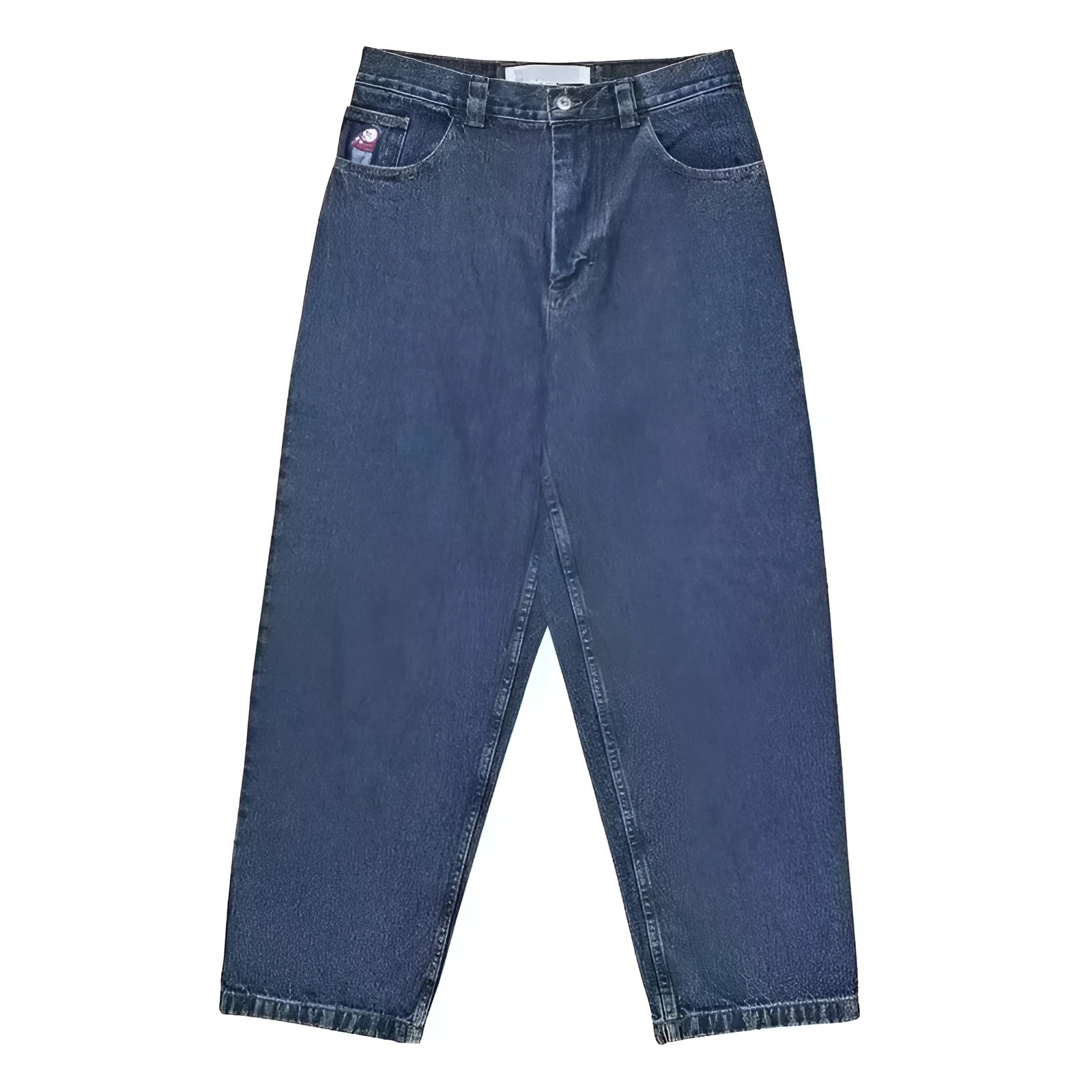 Men's retro printed straight-leg denim trousers in dark blue, black, and light blue colours