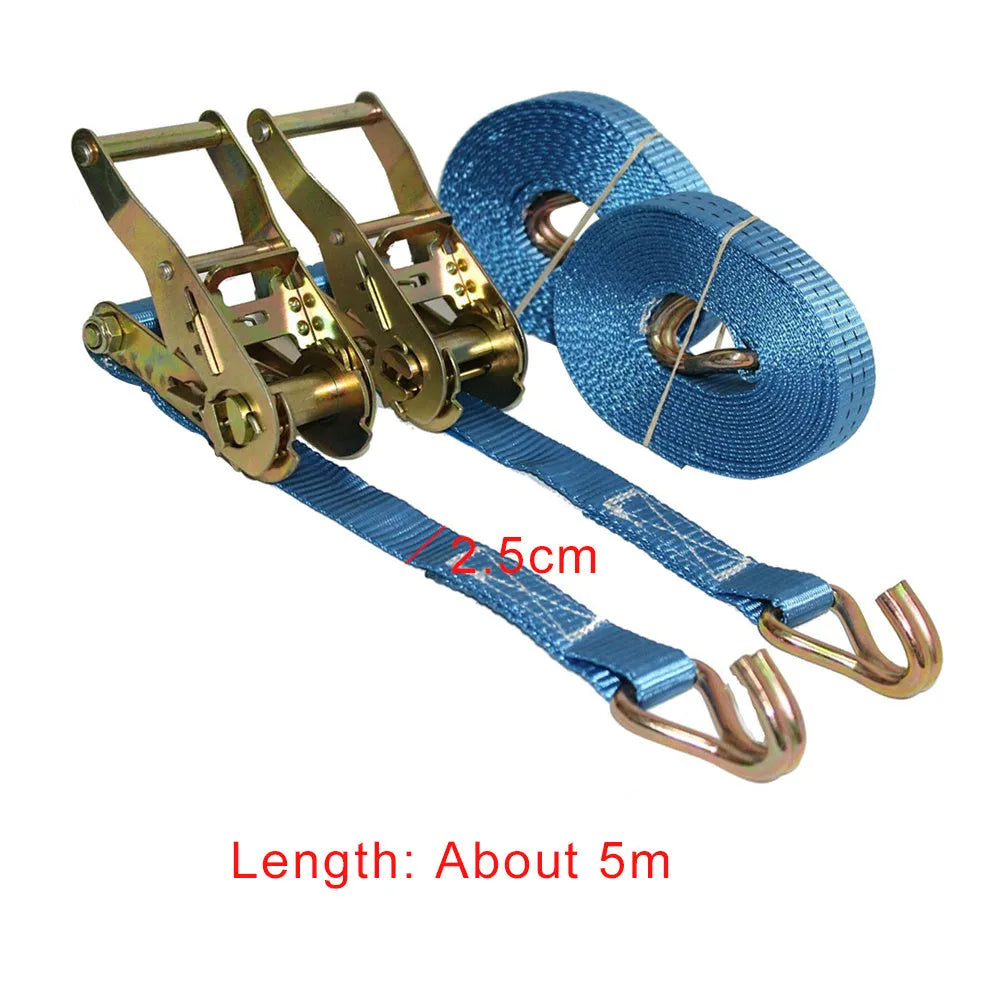 Steel ratchet tensioner fastening strap with double triangular hooks and polyester webbing