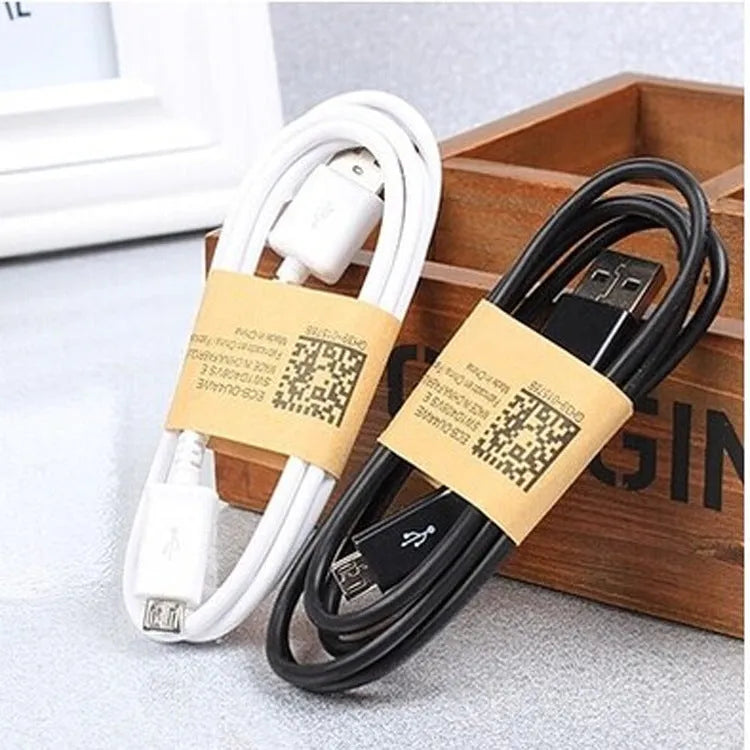 Black and white Android Micro USB data charging cable, 1 metre long with PVC coating.