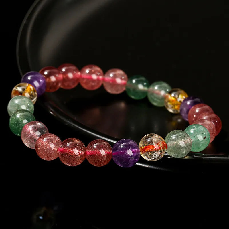 Natural strawberry quartz bracelet for women with round beads in about 7mm, 8mm, or 9mm and tourmaline colour style.