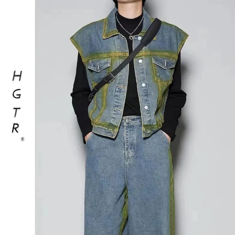 Fleece-lined distressed denim vest and jeans set with spray colour gradient design in blue or black