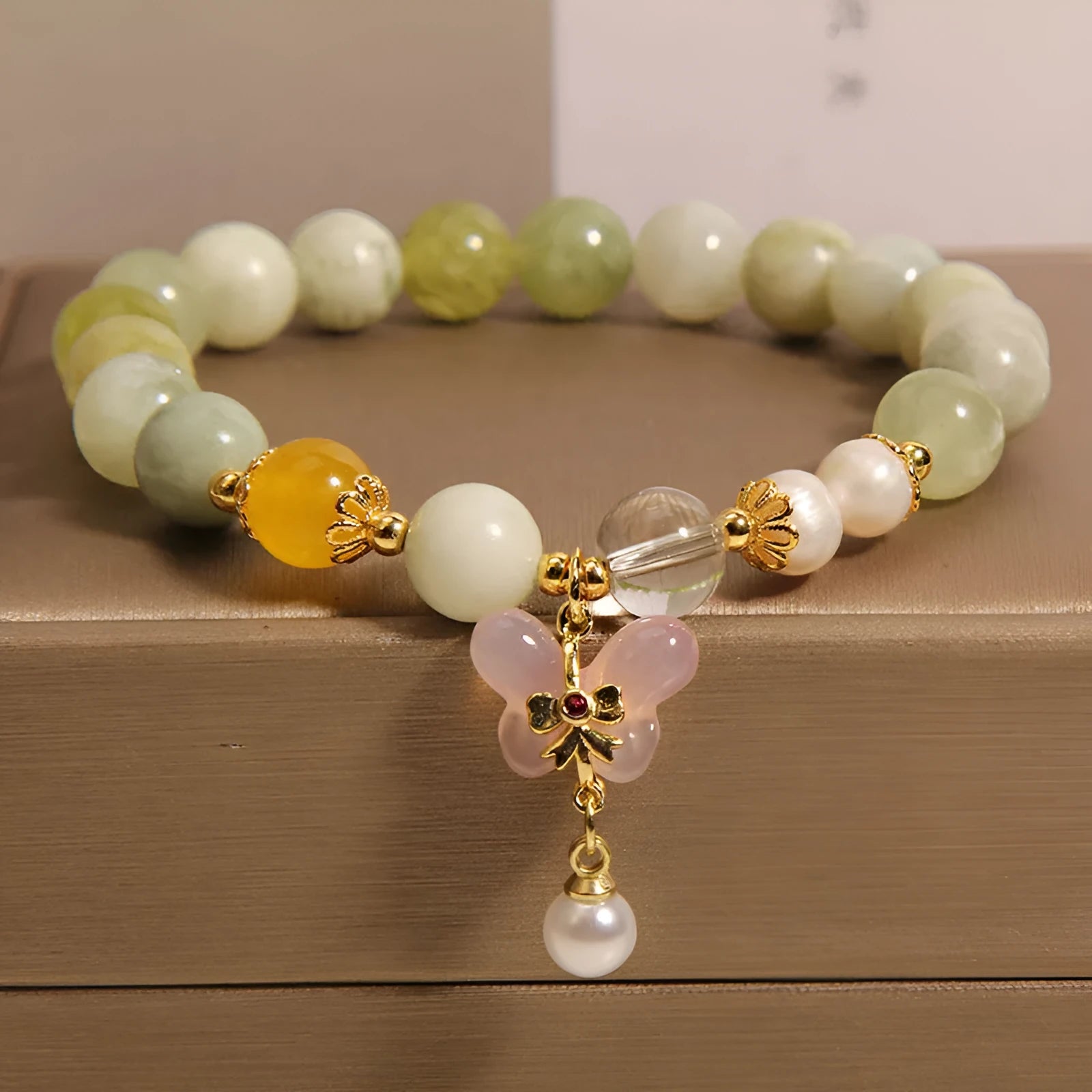 Green women's mori style bracelet with crystal pearl and rhinestone accents