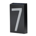 Solar powered white LED house number light with IP65 waterproof rating mounted on a wall.