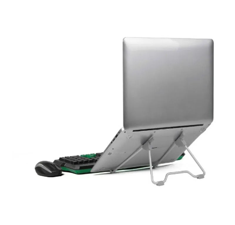 A grey mobile phone and laptop stand made from aluminium alloy and engineering plastic.