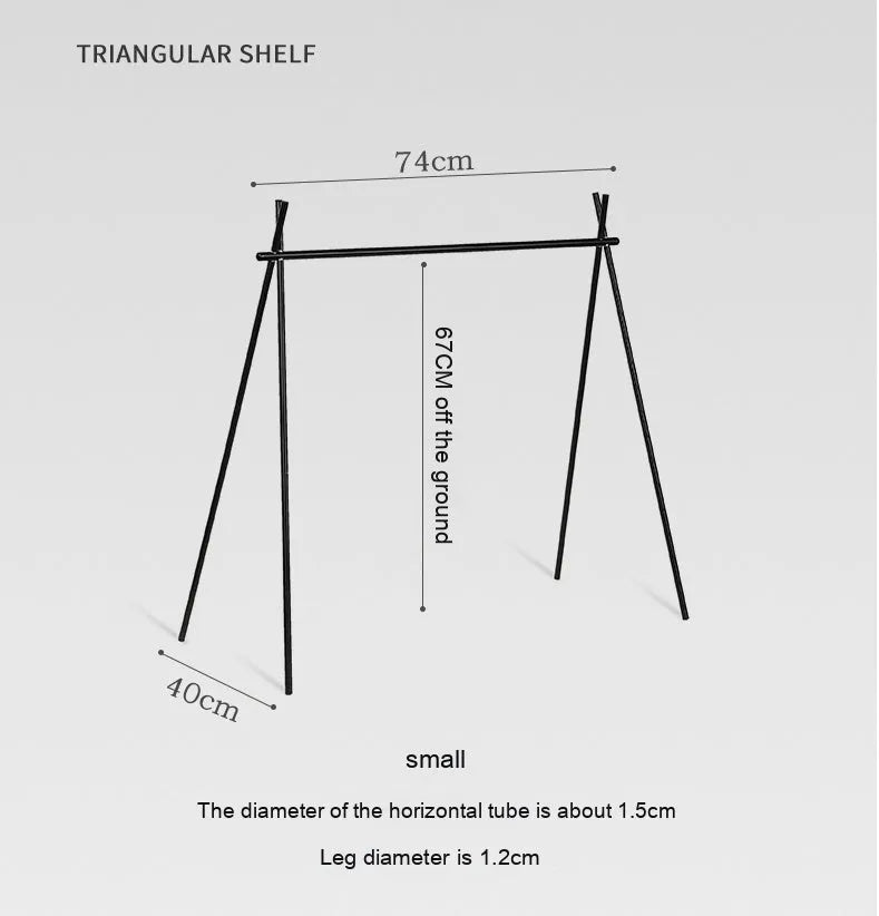 Aluminium alloy foldable triangle camping drying rack with side hanger and multiple hooks