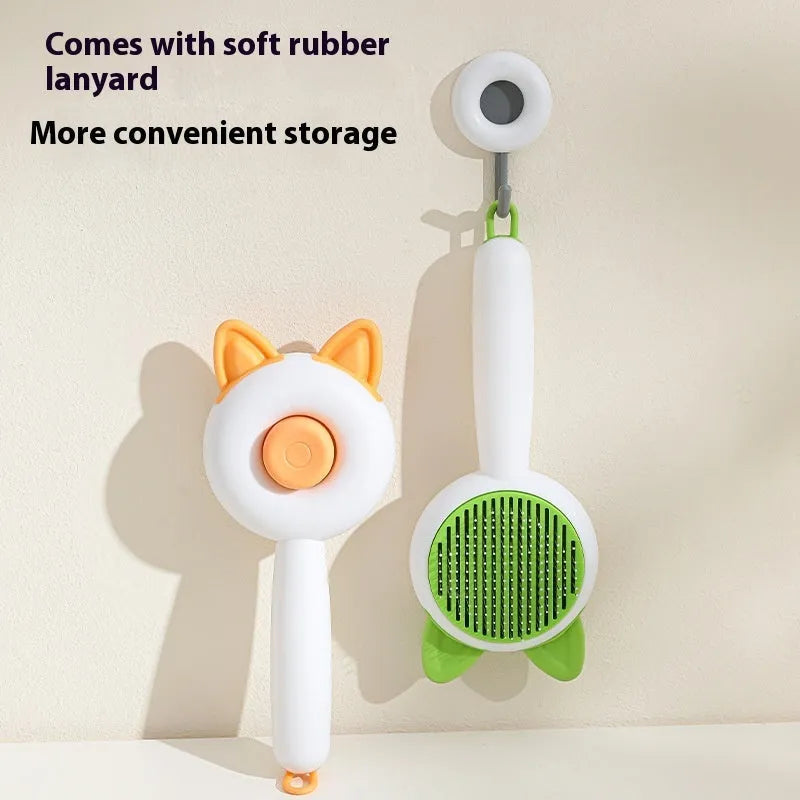 Greenish white and orange white self-cleaning cat comb with stainless steel bristles for pet hair removal.