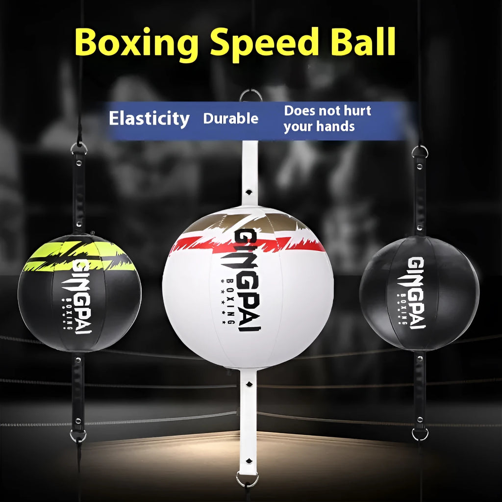 Black hanging boxing speed ball made of PU material for reaction training.