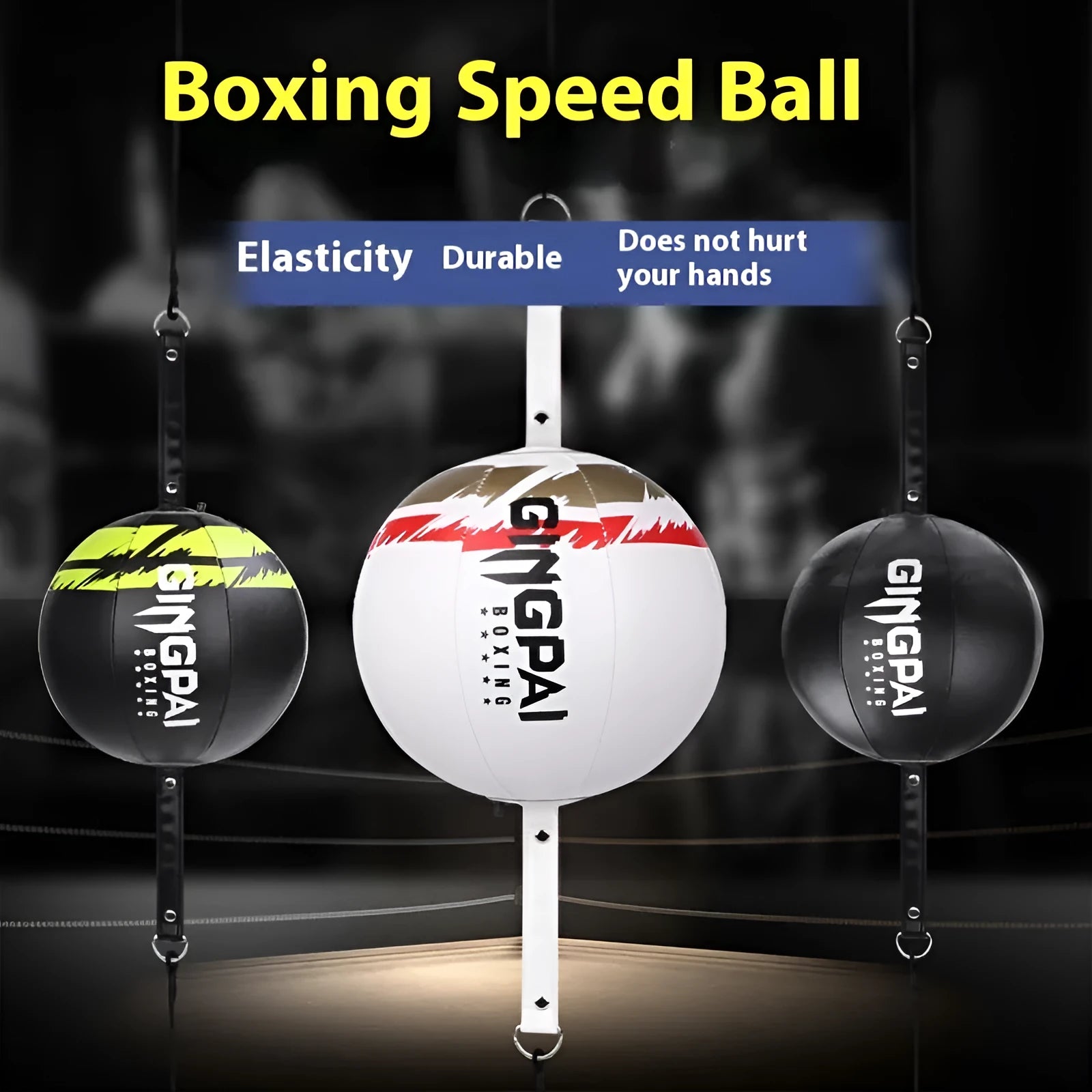 Black hanging boxing speed ball made of PU material for reaction training.