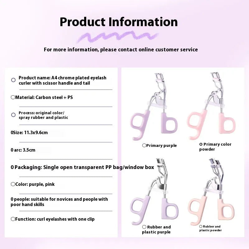 SUNFLOWER brand eyelash curler with A4 scissor handle showing pink and purple colour options