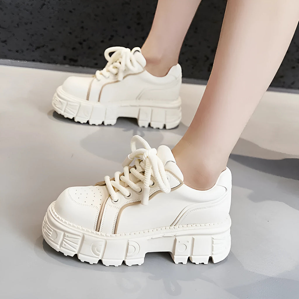 Women's beige leather casual shoes with spring muffin bottom height-increasing design