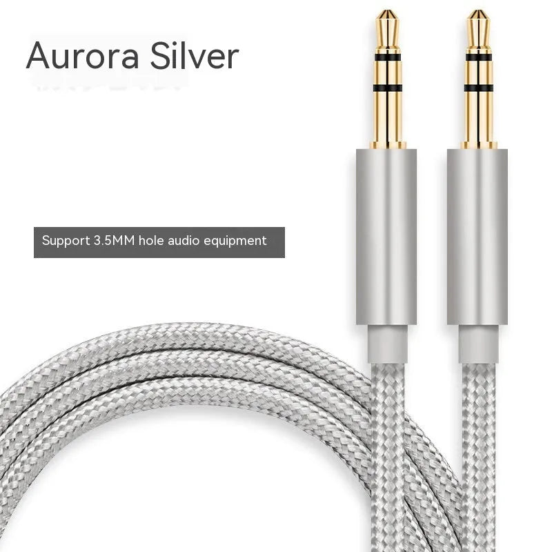 3.5mm male to male audio cable with gold-plated plugs, shown in black, gold, silver, and red lengths 1m to 3m