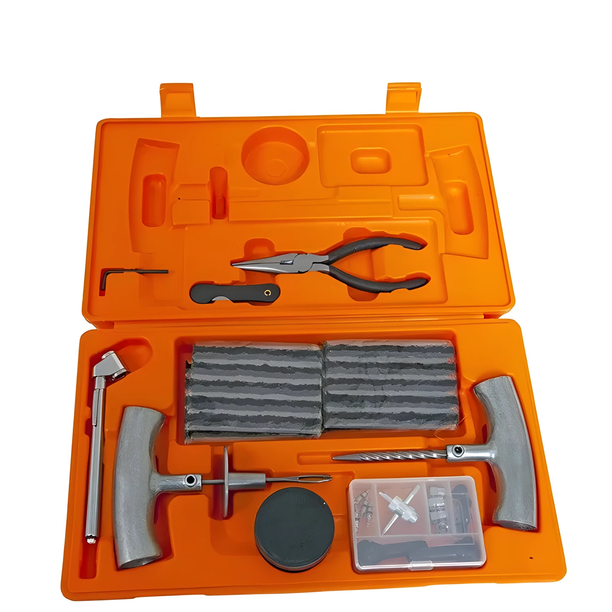 Emergency tyre repair tool set with pressure gauge and reamer tools in high-visibility suitcase