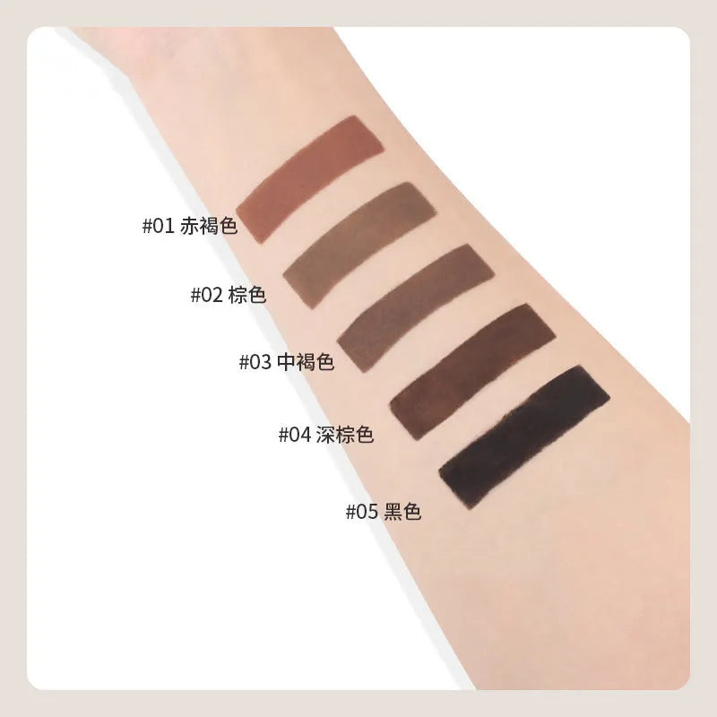 Double-headed eyebrow cream cosmetic with five shade options displayed