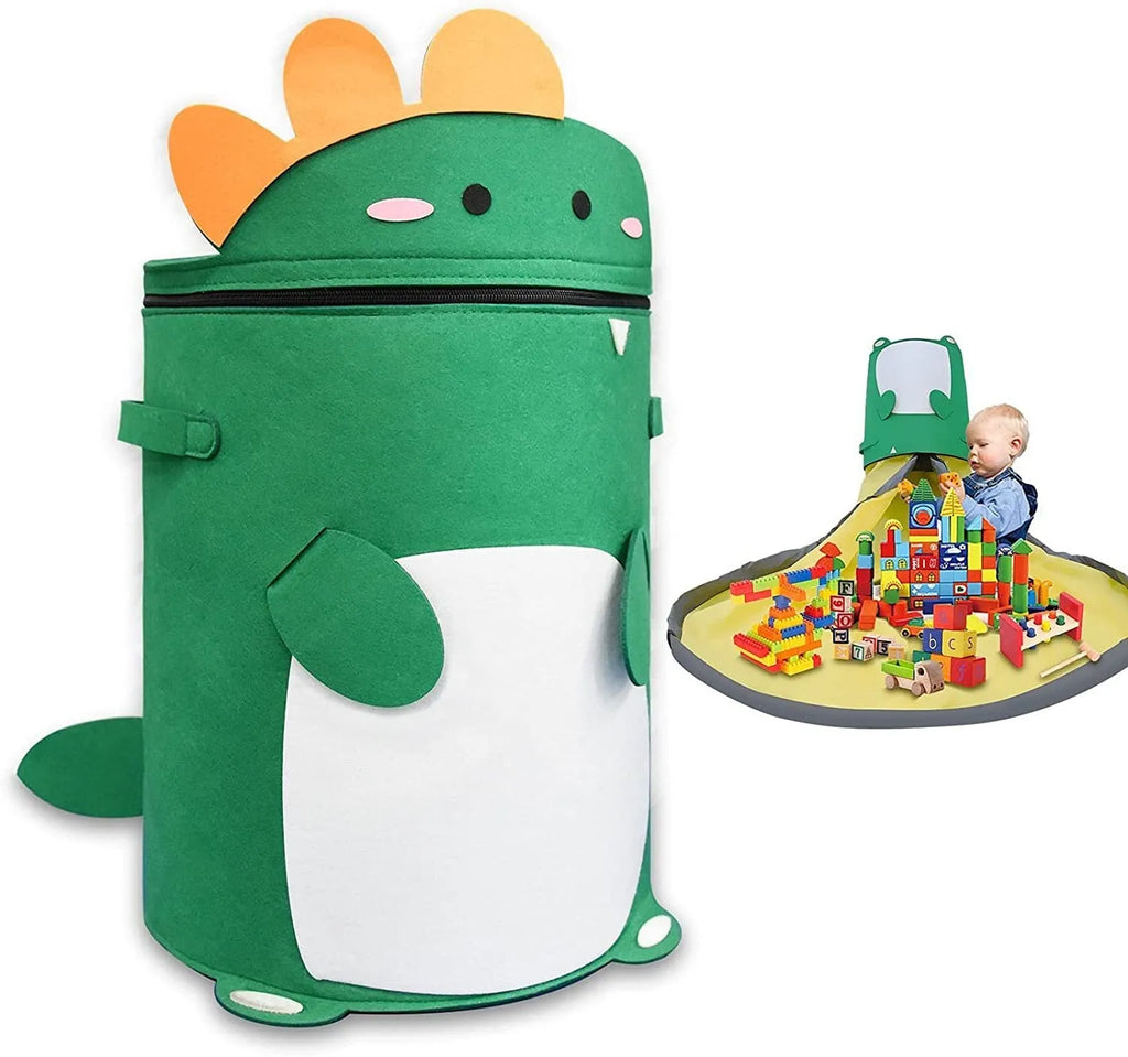 Green felt storage bag with pull rope that converts to toy play mat