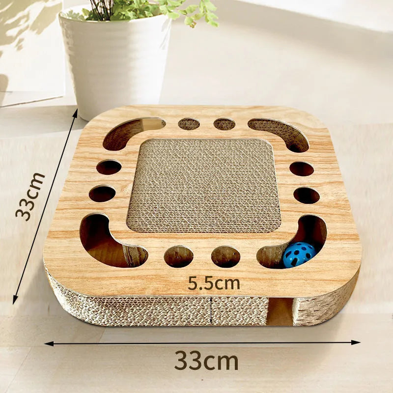 Corrugated paper cat scratch board toy with interactive ball in multiple style options