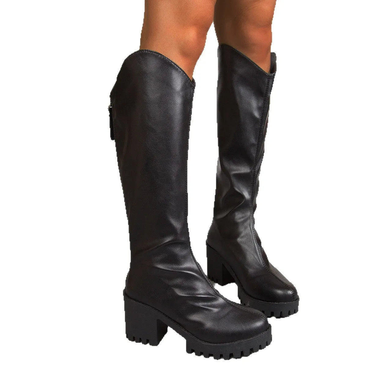 Black knee-high boots with chunky 6-8cm heel, back zipper, round toe, and rubber sole