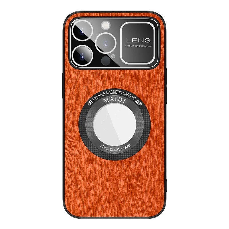 Magnetic phone case with large window and tree pattern, TPU leather, in silver gray, vibrant orange, elegant black, and sapphire blue.