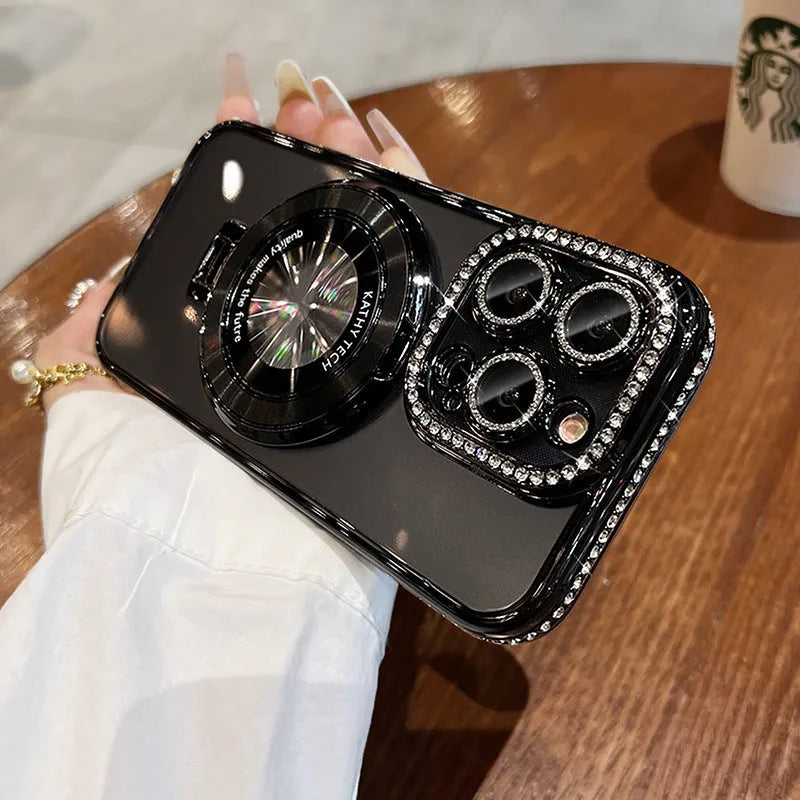 Transparent silicone iPhone case with magnetic bracket and rhinestone decoration in multiple colour options