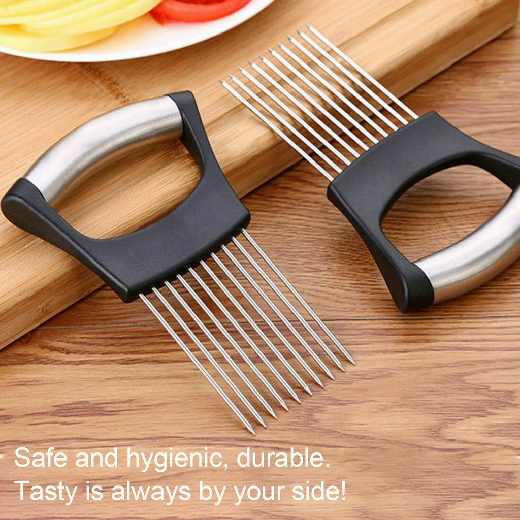 Stainless steel food slice assistant with onion holder and non-slip design