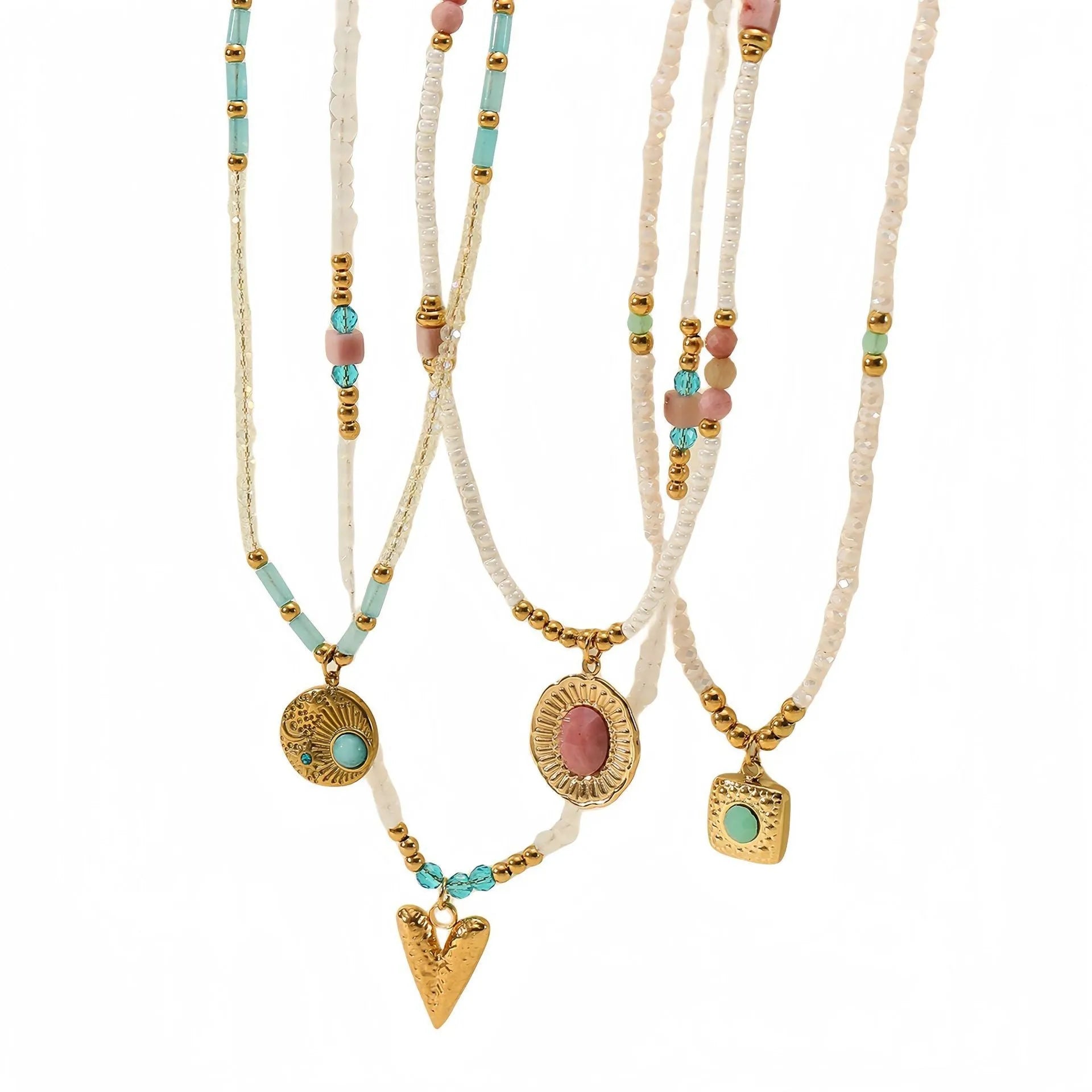 Women's sunflower colour crystal bead necklace with rhodochrosite accents, stainless steel chain, and 18K gold-plated geometry pendant.