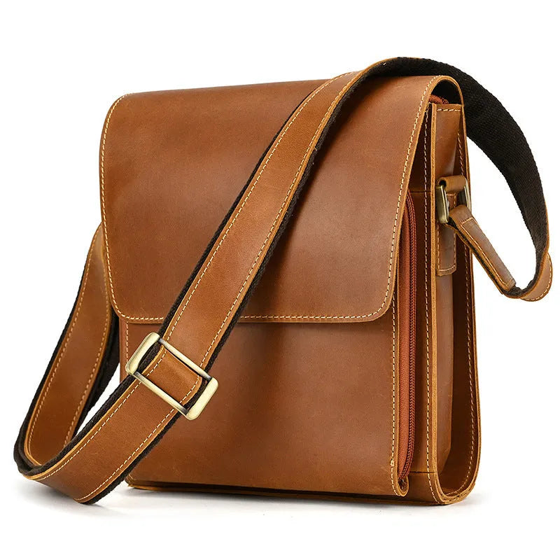 Men's dark brown first layer cowhide leather shoulder bag with crossbody strap