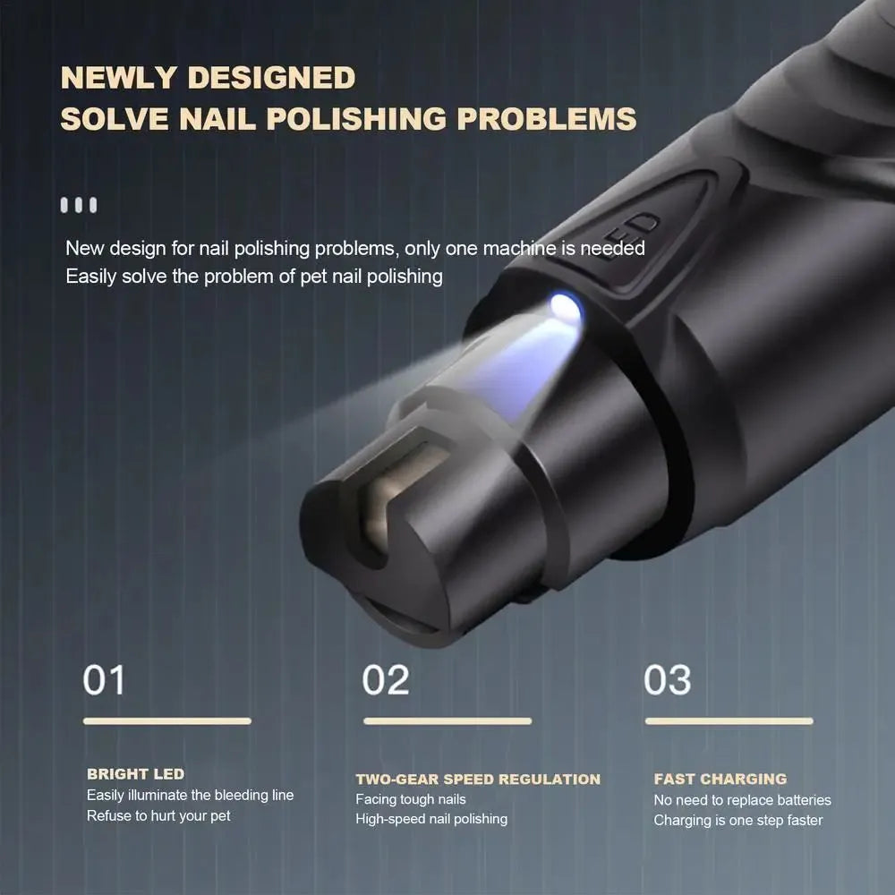 Black ABS lighted dog nail grinder with LED light and two speed settings for pet paw grooming