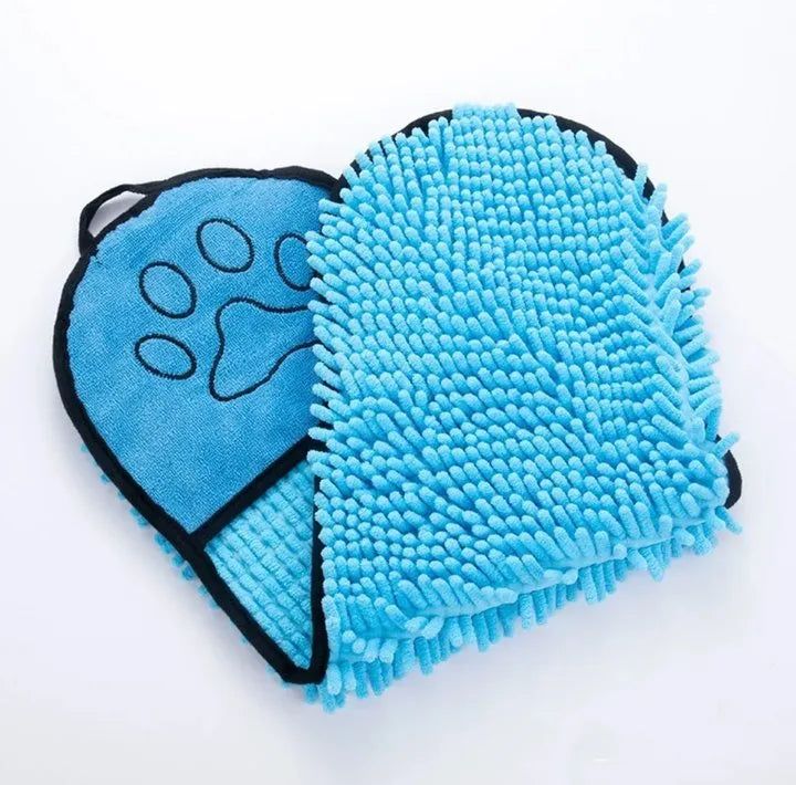 Dog bath robe towel in blue colour showing soft absorbent fibre construction for pet drying
