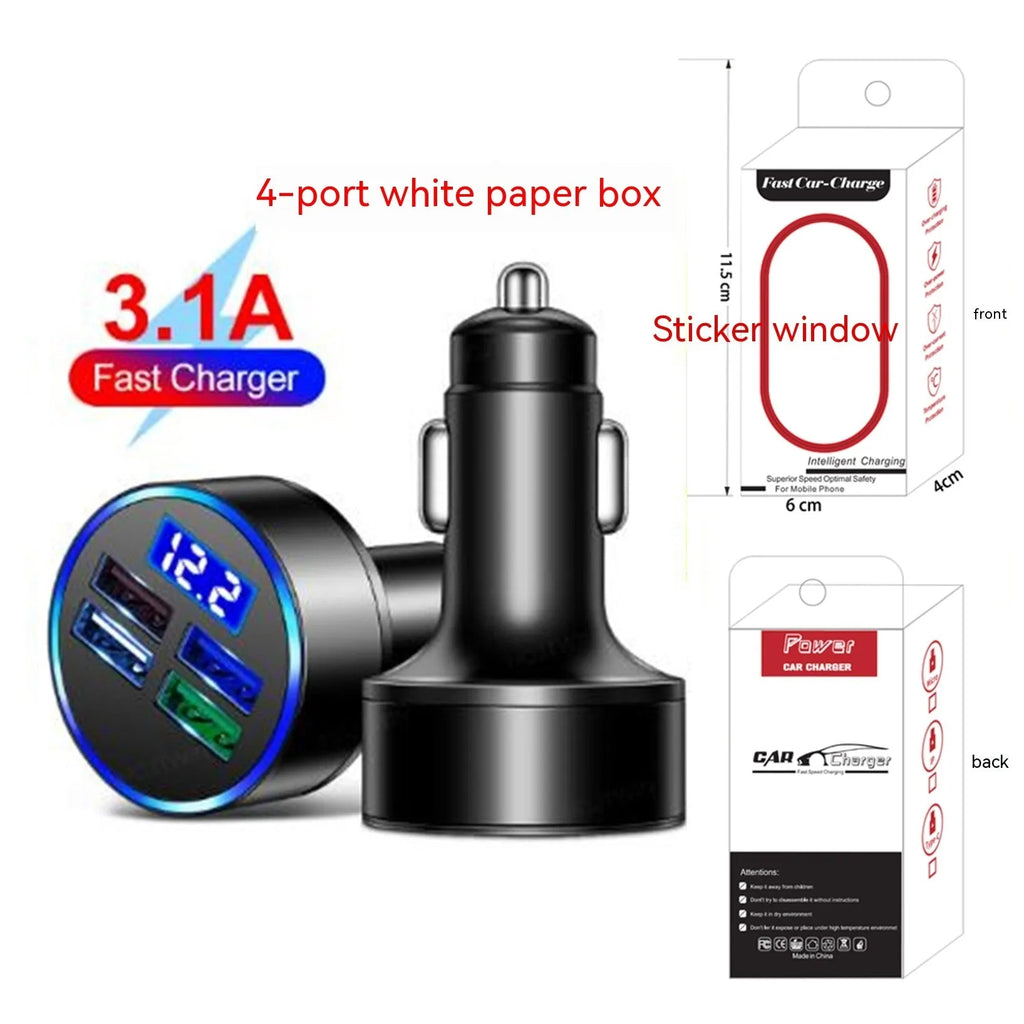 Black 4-port USB car charger with cigarette lighter connection for vehicle charging