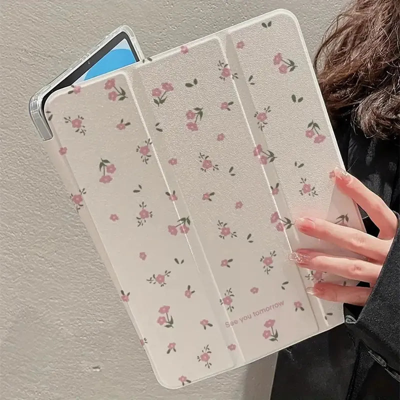 Transparent floral tri-fold iPad case with magnetic kickstand open in viewing position