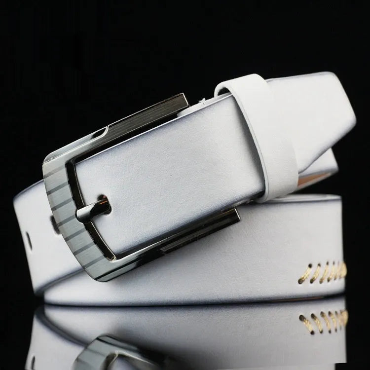 Men's imitation leather casual belt with alloy pin buckle in black, white or brown