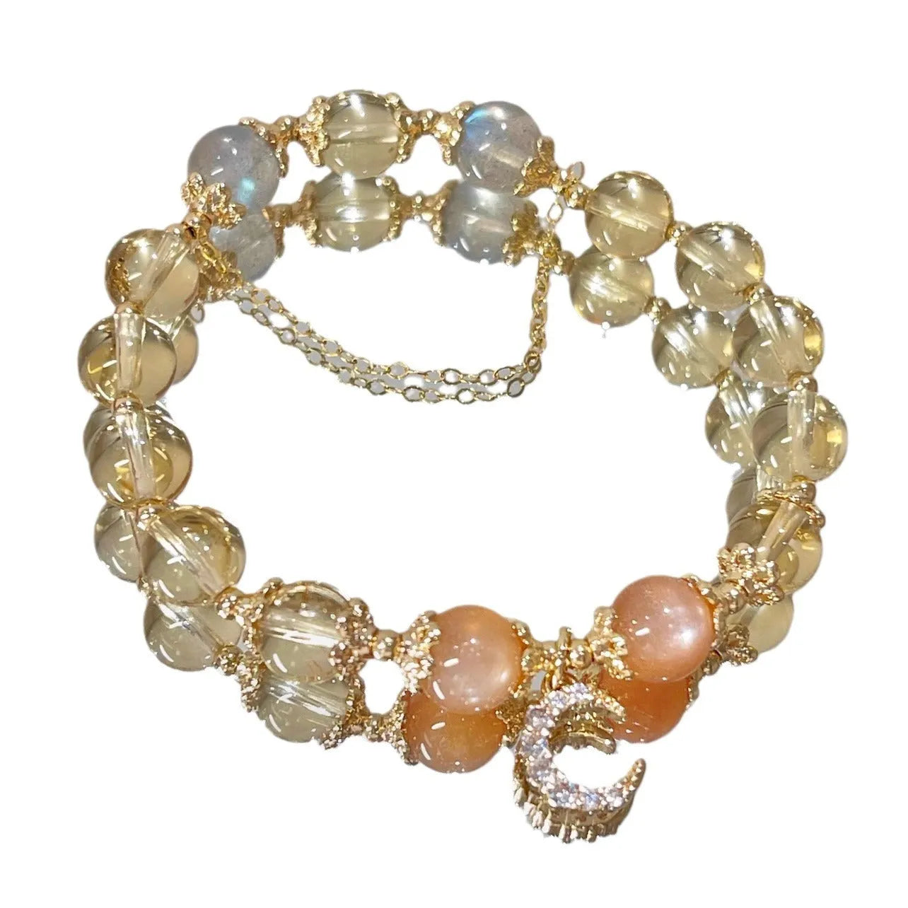 Moonstone crystal bracelet with 14K gold electroplating and diamond-shaped citrine beads on adjustable band