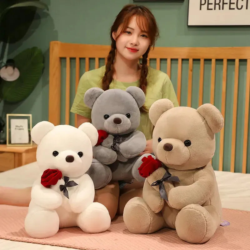 Rose bear teddy plush pillow in brown, beige, or grey with soft PP cotton filling