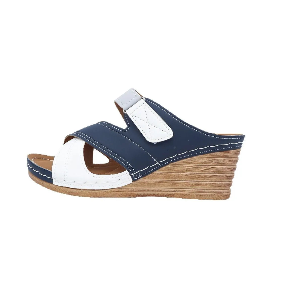 Women's platform wedge slipper with Velcro strap in black and red colour option.