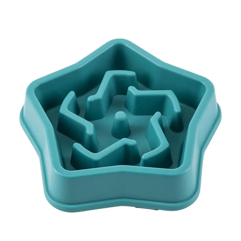 Yellow plastic dog slow feed bowl with pet-shaped obstacle inside