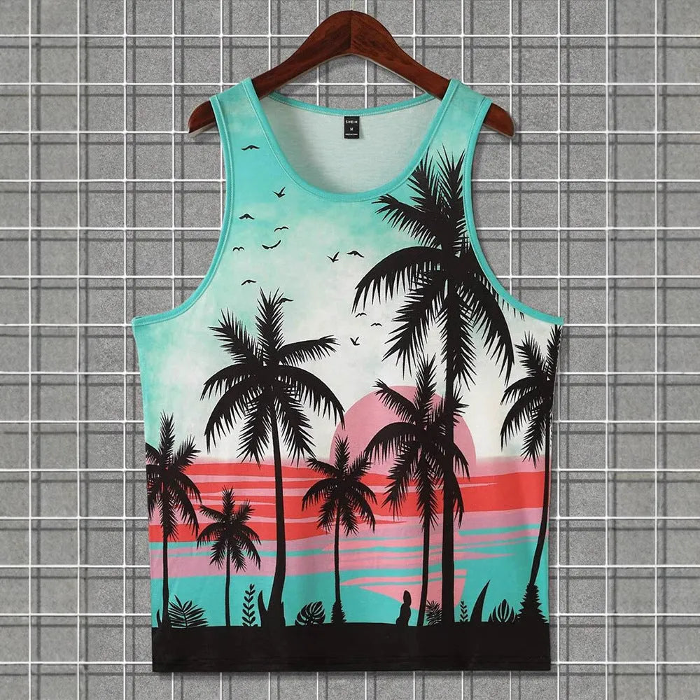 3D printed men's sleeveless vest in solid colour pinhole cloth fabric with Hawaiian style design