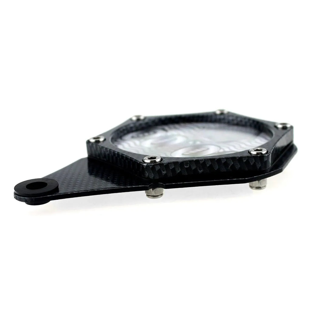 Black carbon fibre pattern motorcycle tax disc holder with anti-theft screws