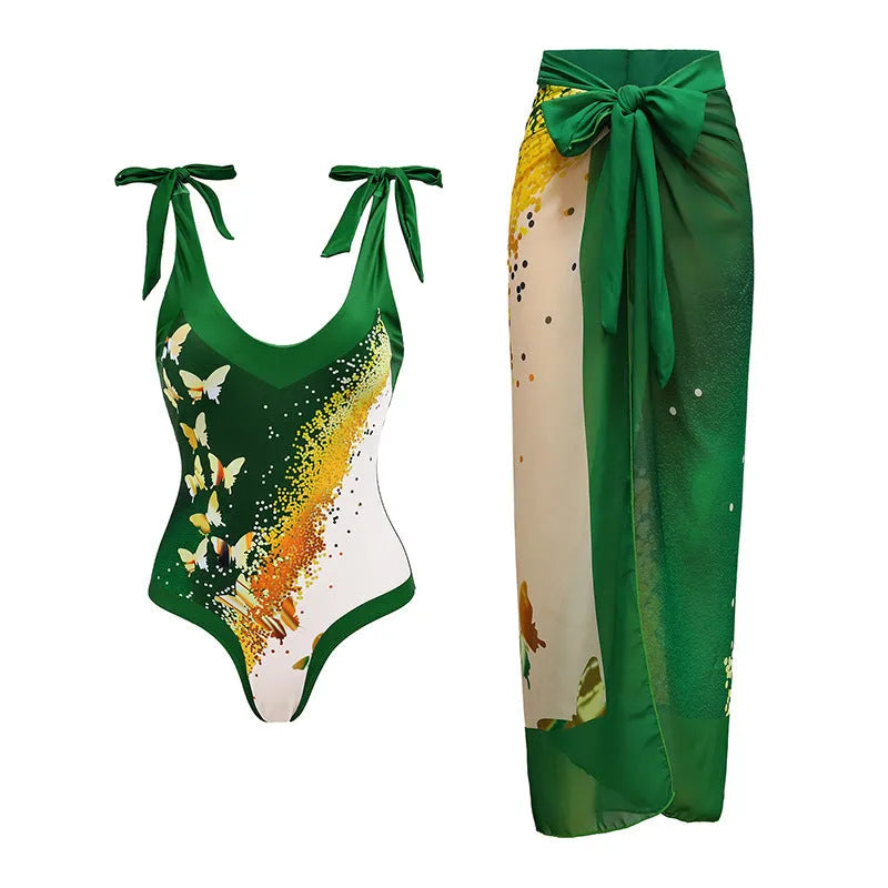 Women's solid colour one-piece swimsuit with spaghetti straps and a matching skirt
