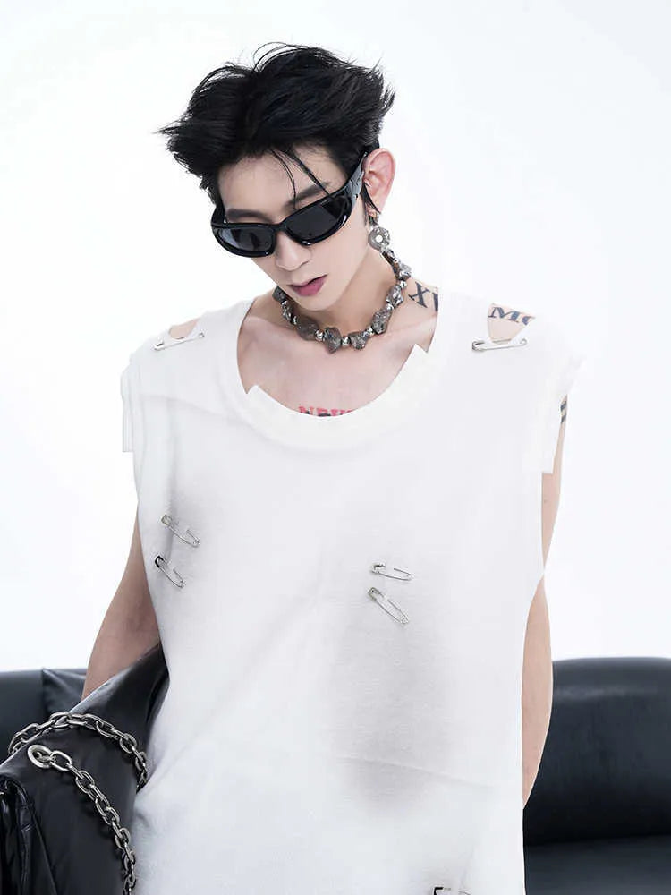 Men's black ripped waistcoat vest with irregular cutting piece design and sleeveless round neck