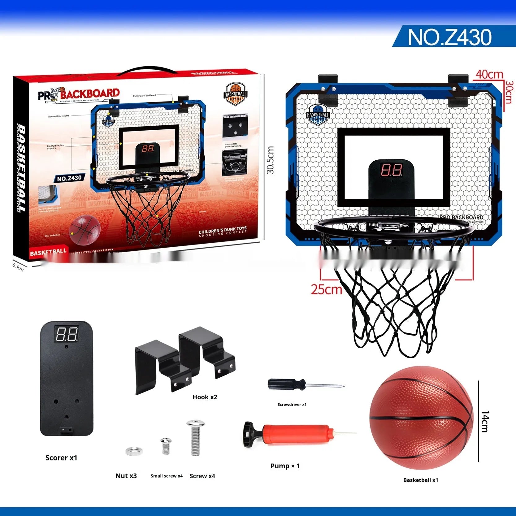 Red and blue folding basketball frame with dunk scoring markings and suction cup mounting system