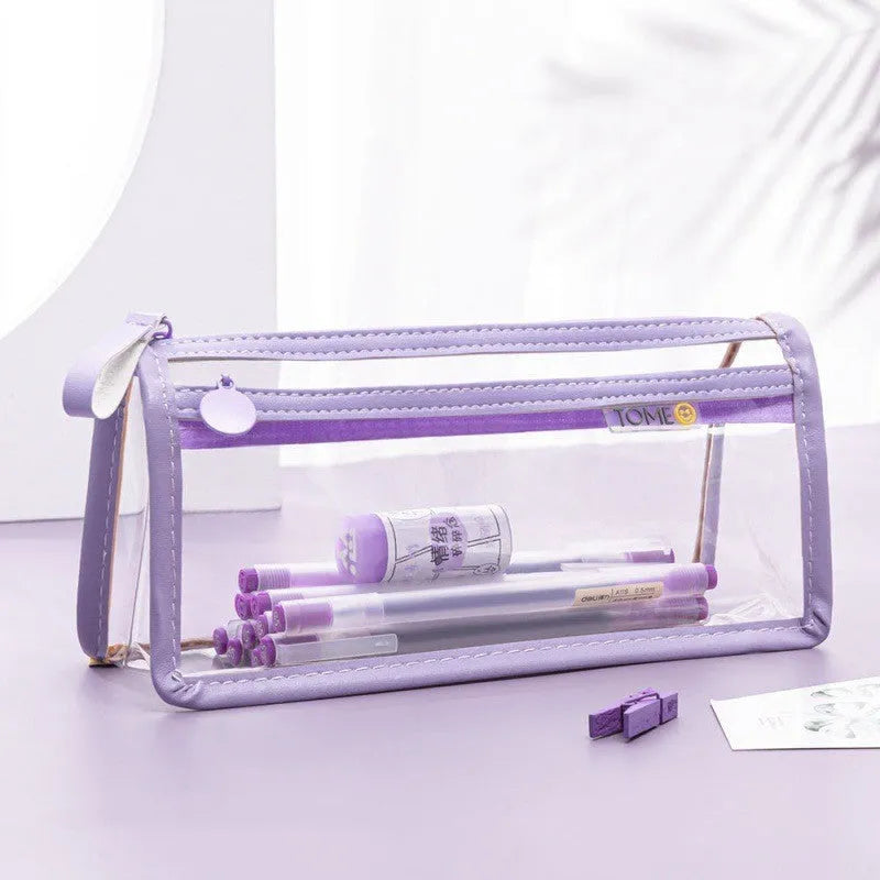 Large transparent double-layer pencil case in beige colour showing two zipped compartments