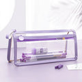 Large transparent double-layer pencil case in beige colour showing two zipped compartments