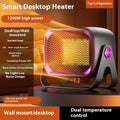 Compact white desktop ceramic heater showing rotatable base and control buttons.