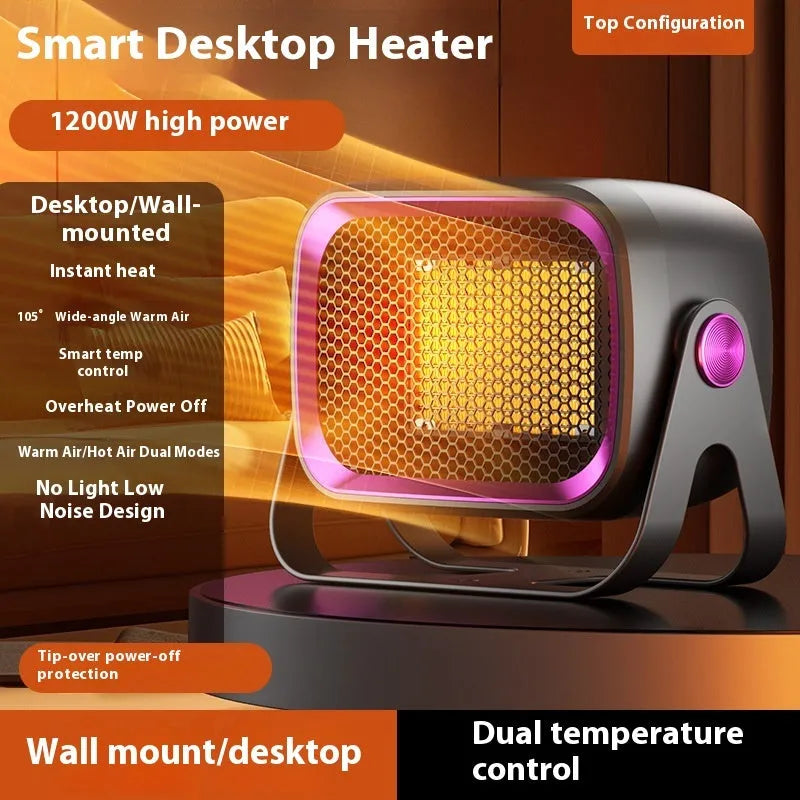 Compact white desktop ceramic heater showing rotatable base and control buttons.