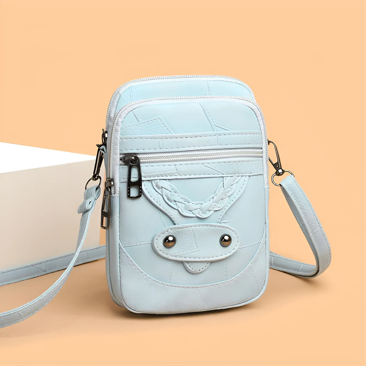 Soft PU leather retro mobile phone bag with weaving, rivets, and splicing in brown, black, pink, or water blue