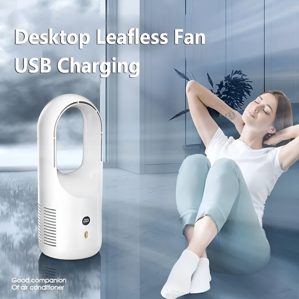 Electric bladeless fan cooler with LED display and Type-C charging port on a desk