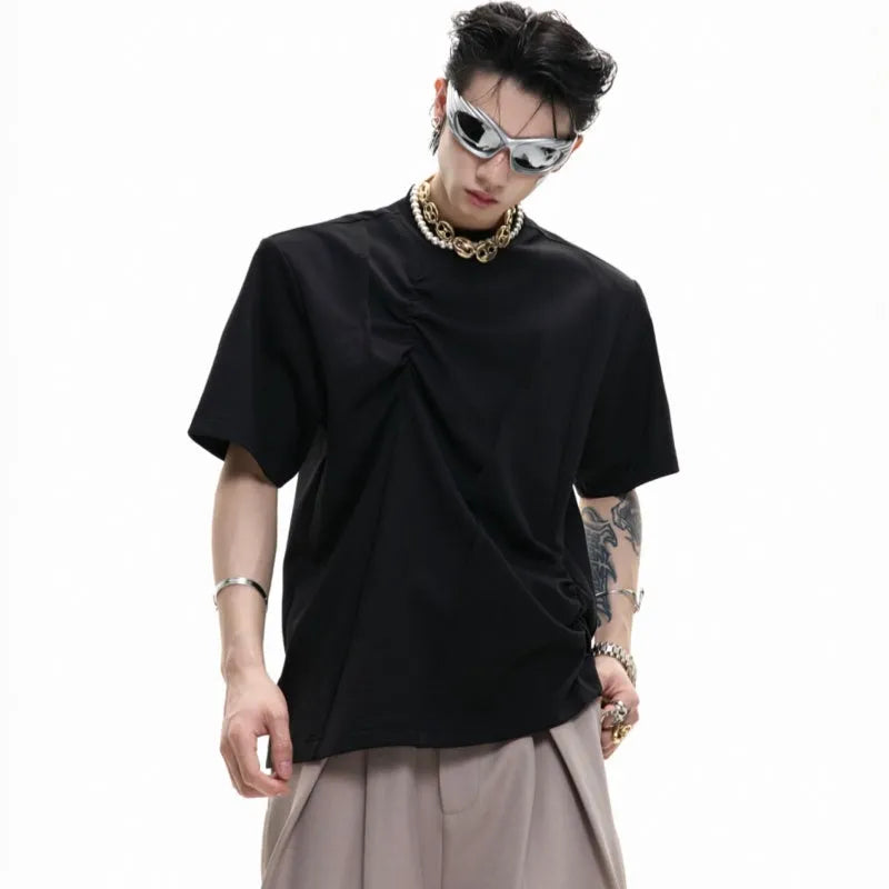 Men's loose grey cotton t-shirt with three-dimensional pleated detail and asymmetric styling