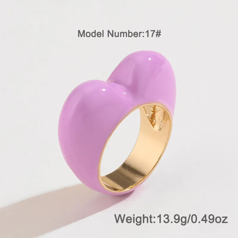 Heart-shaped zinc alloy ring with raised three-dimensional enamel colour design in love theme.