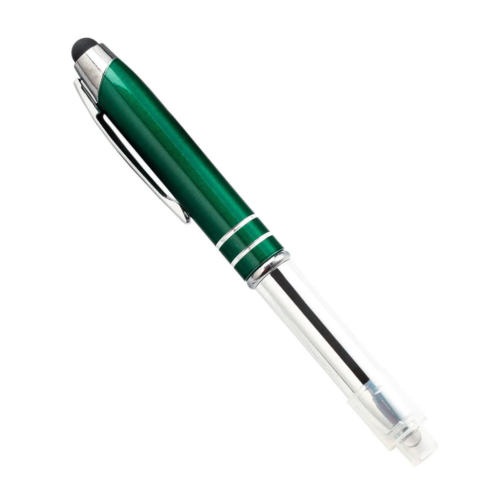 Red metal ballpoint pen with a capacitive stylus tip and built-in LED light on a desk.